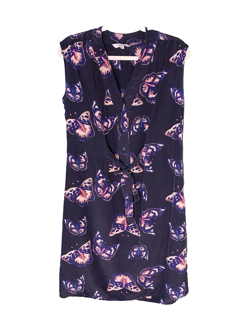 Tucker NYC Dress Womens Size Medium 100% Silk Butterfly Sleeveless V-Neck Shift